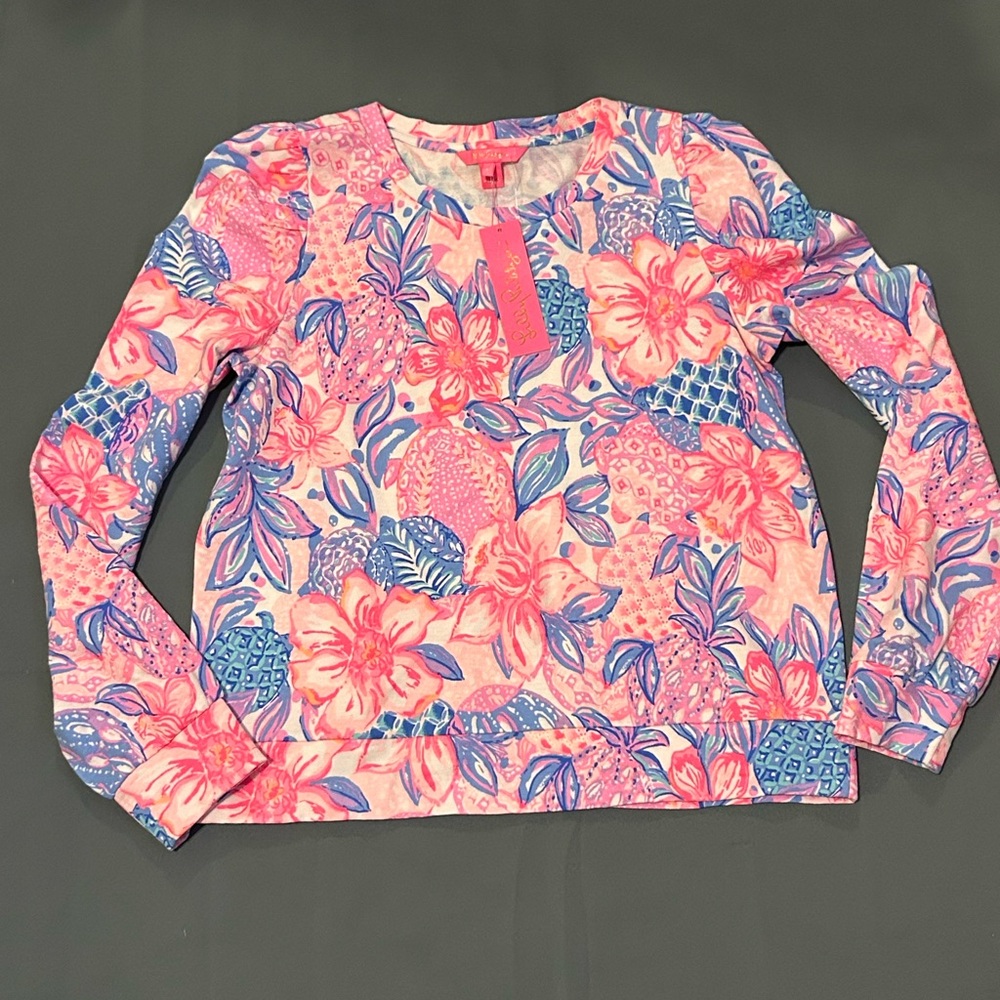 Lilly Pulitzer Jansen Sweatshirt Pink Blue Puff Sleeve Resort Coastal Cruise L